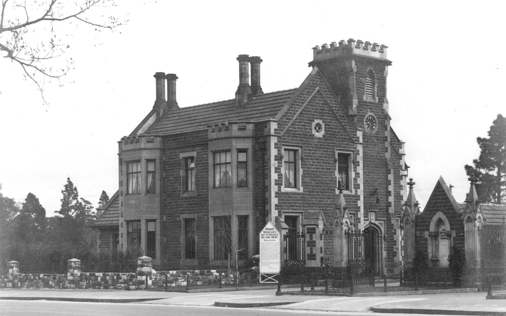 Historical black and white photo of Melbourne General Cemetery gatehouse